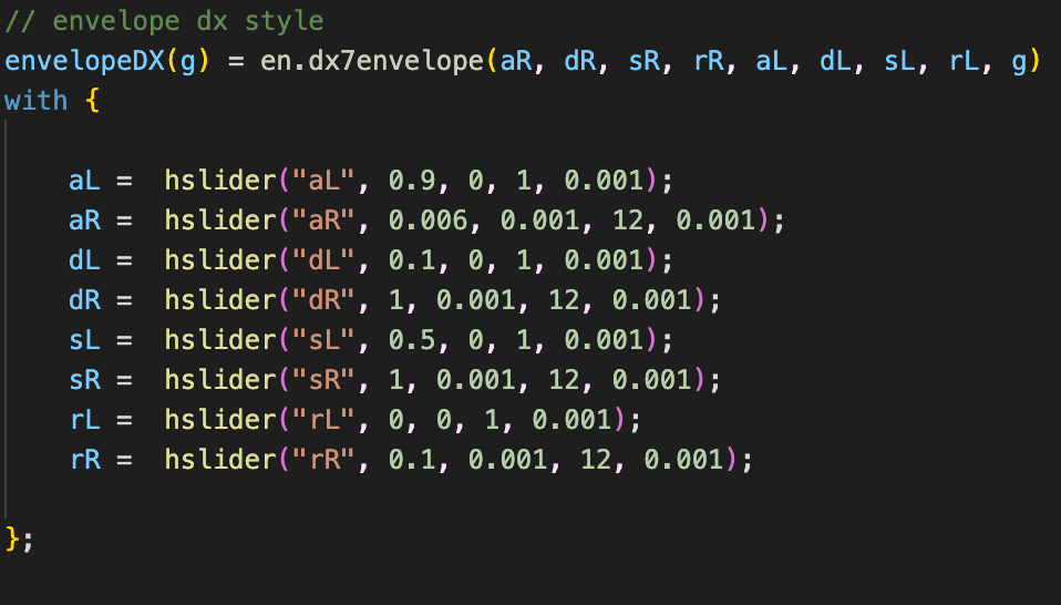 A screenshot of Faust code describing a DX style envelope generator