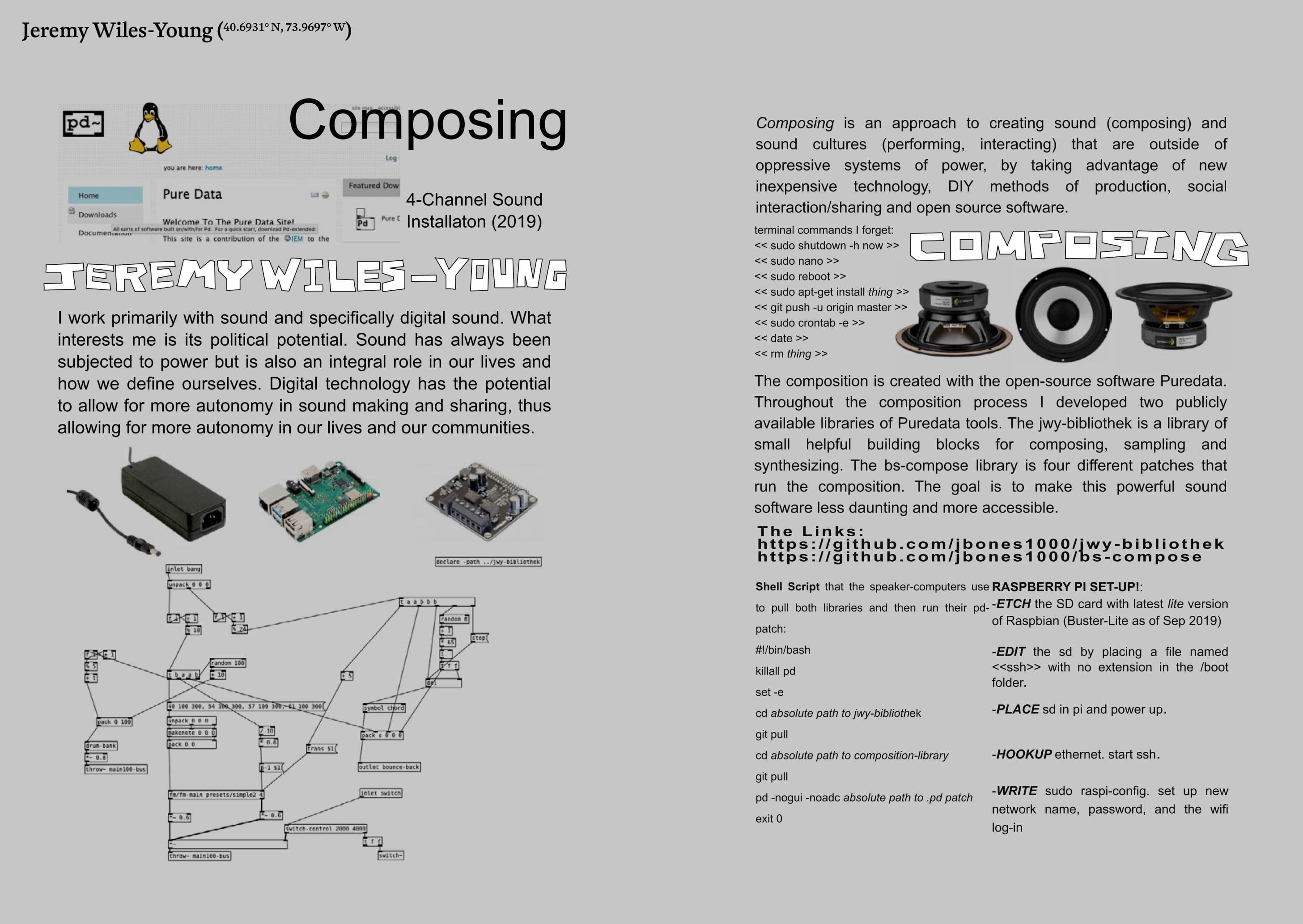 A speaker plugged in, in a gallery setting, with hand painted cotton works behind and under it